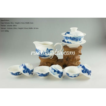 Paisagem azul Pu Er Teaware conjunto 1 Gaiwan, 1 jarro e 6 xícaras